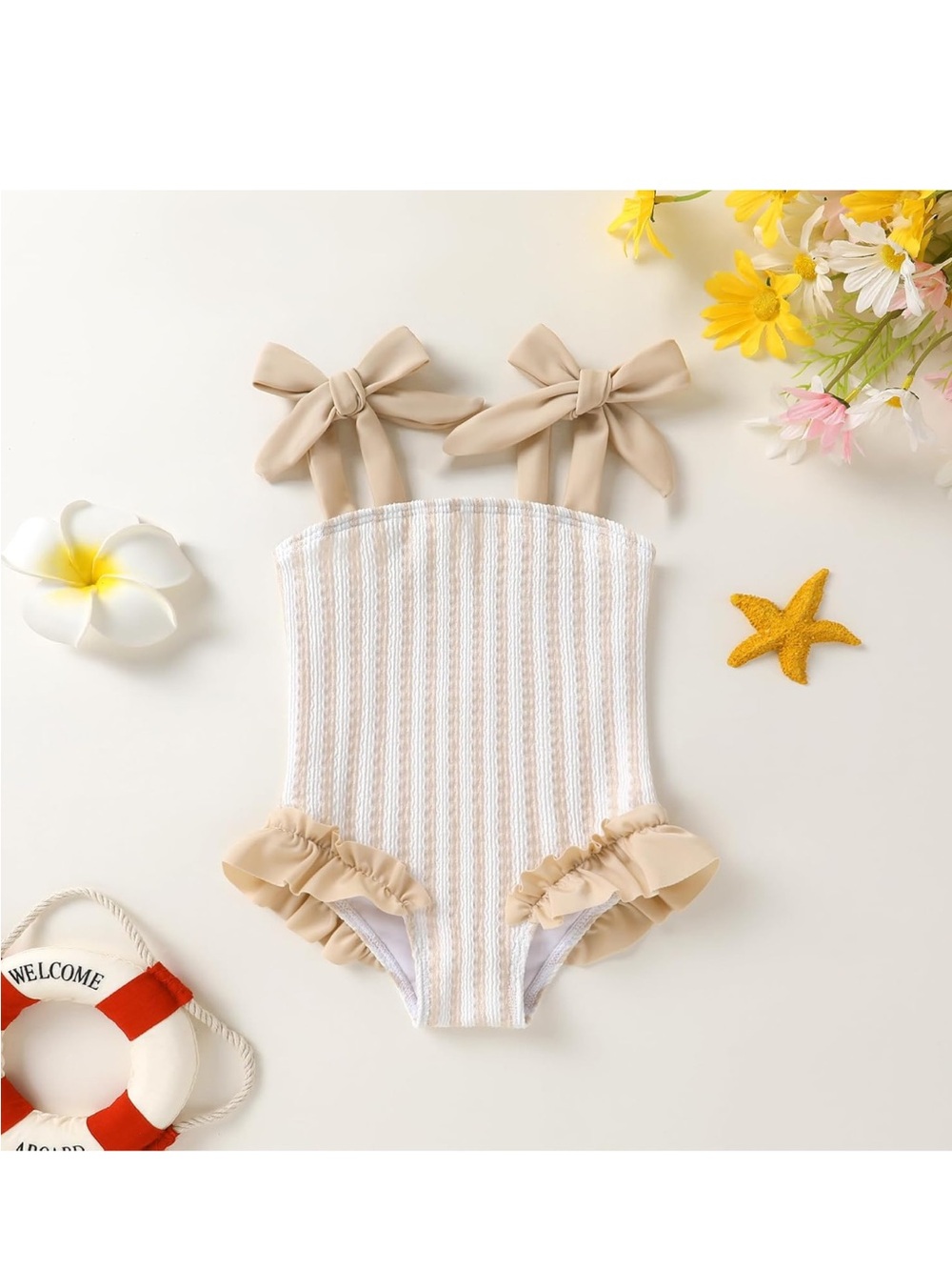 Beige Almond Stripe Baby Girl Swimsuit